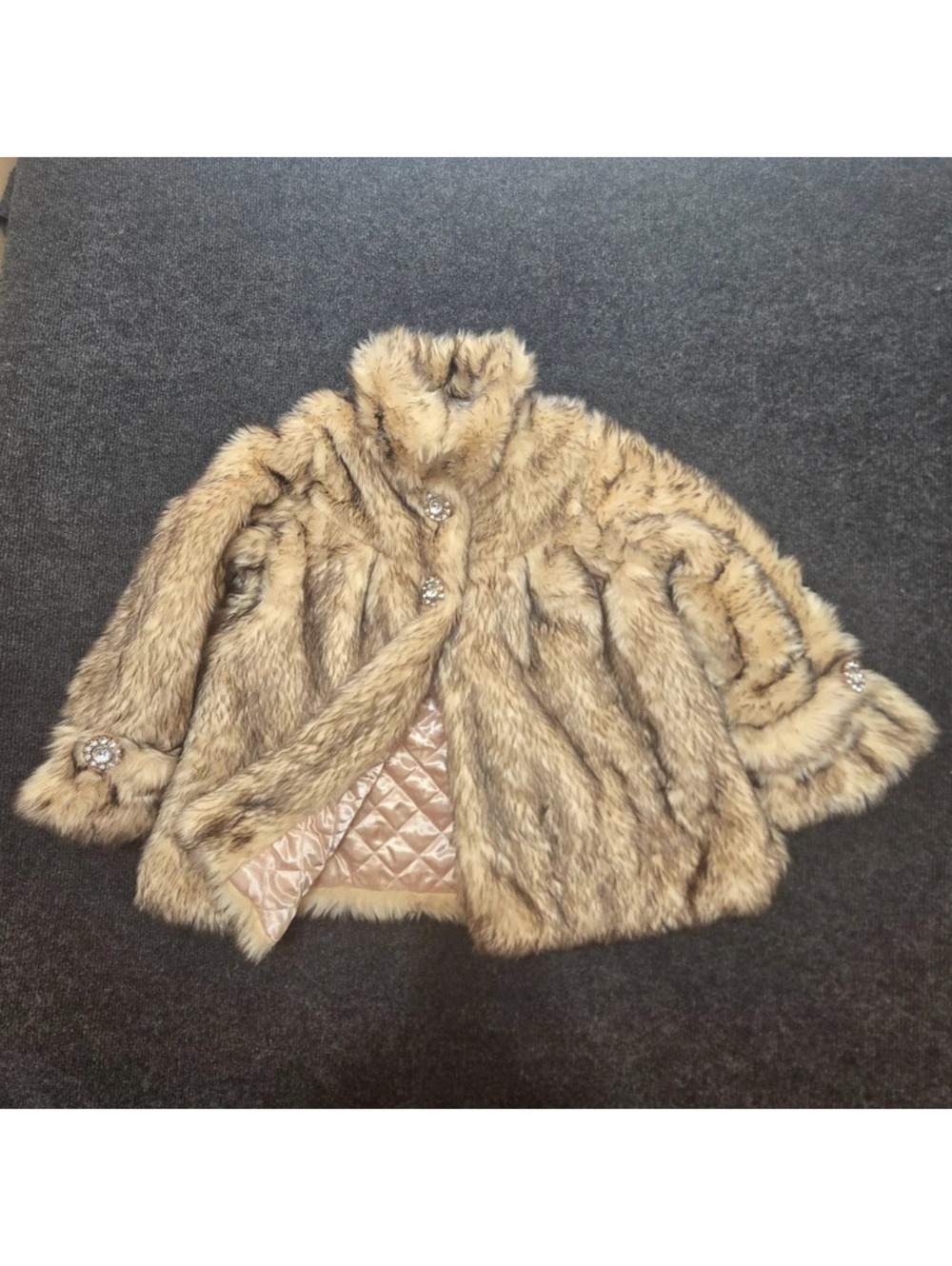 Lilly Patricia Faux Fur Swing Coat Large Crystal Rhinestone Button Cape Jacket L